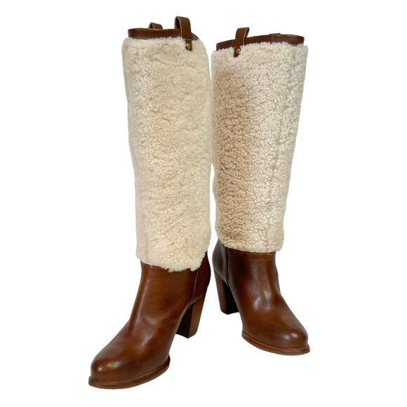 Ugg Ava Shearling Heeled Knee High Brown Leather Pull On Winter Boots Size 7 - Picture 1 of 11